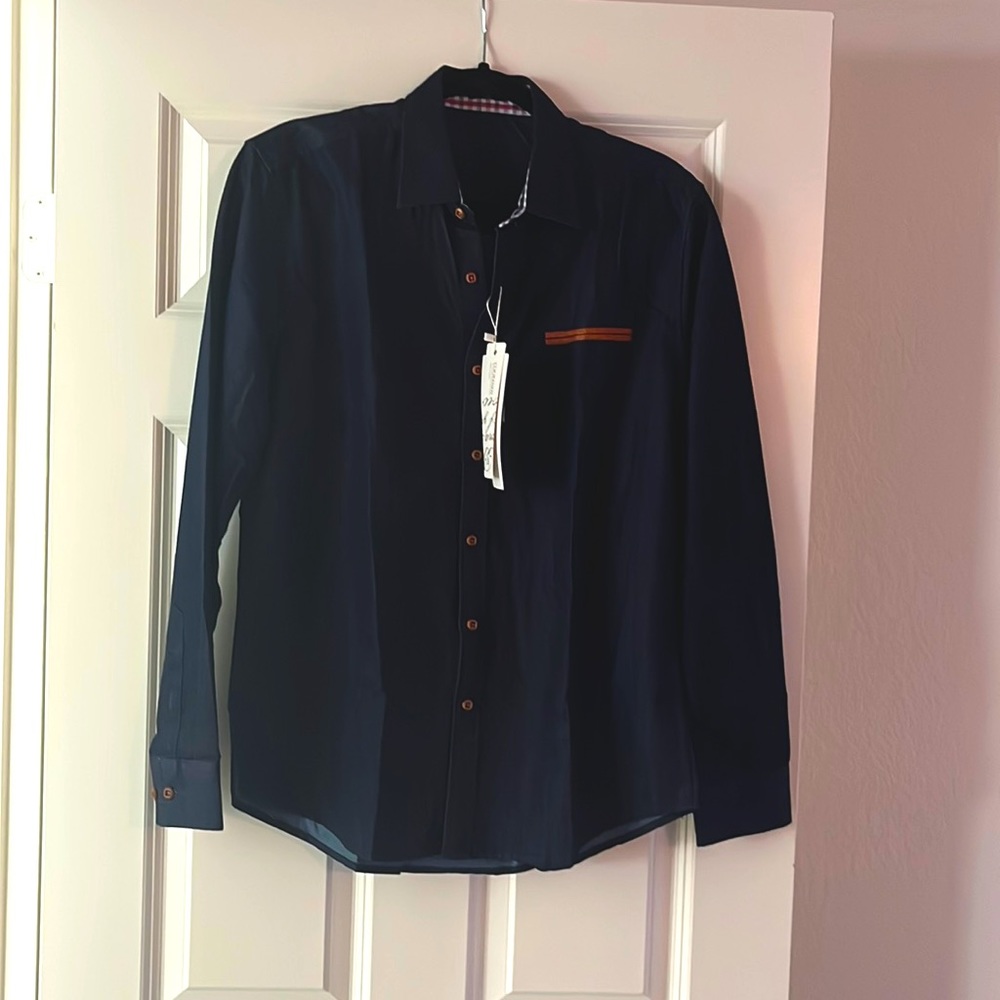 Men’s dress shirt dark blue with brown and plaid accents